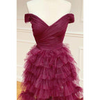 Vestido largo de fiesta de corte A, elegante, con hombros descubiertos y tul escalonado 