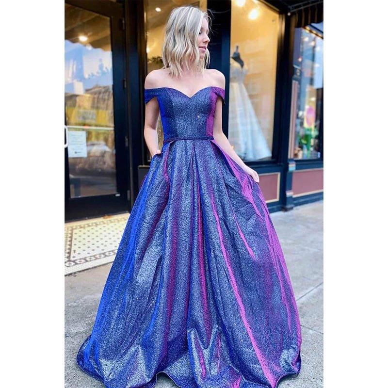 Vestido de graduación elegante de corte A con hombros descubiertos, brillo y bolsillos 