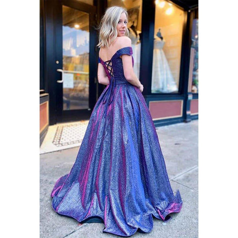 Vestido de graduación elegante de corte A con hombros descubiertos, brillo y bolsillos 