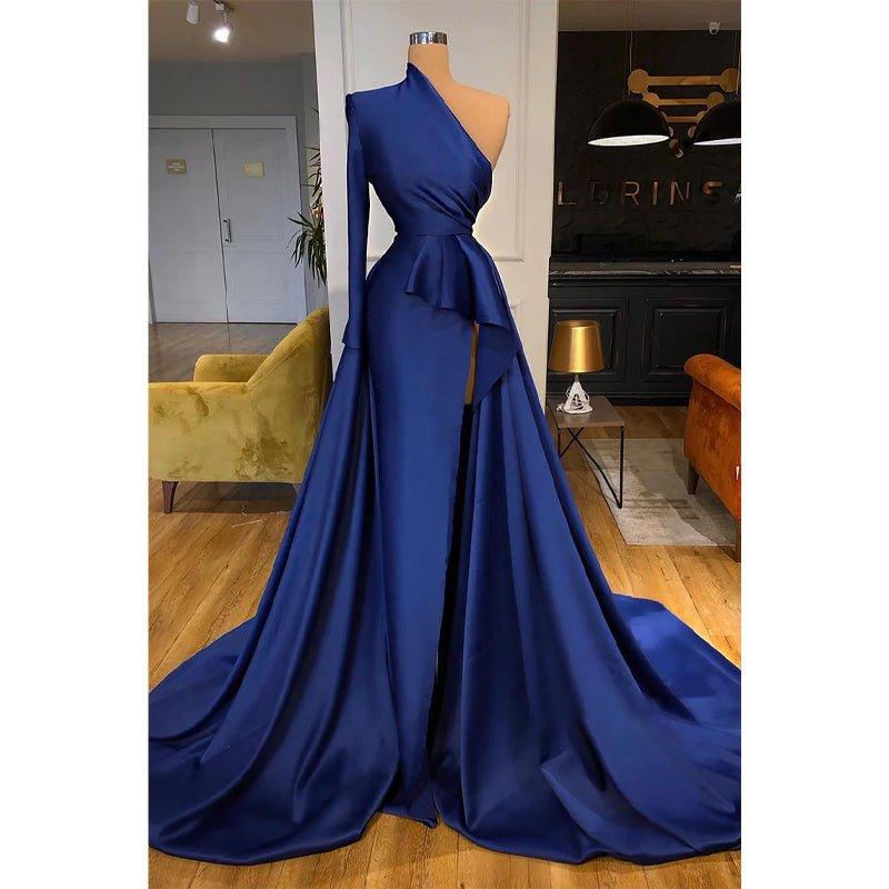 Vestido de noche formal de corte A, elegante, con un solo hombro, mangas largas y abertura. 