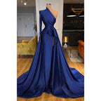 Vestido de noche formal de corte A, elegante, con un solo hombro, mangas largas y abertura. 