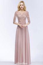 Vestido de dama de honor de corte A con apliques de gasa, manga tres cuartos y detalle de joyas, largo hasta el suelo, con fajín.