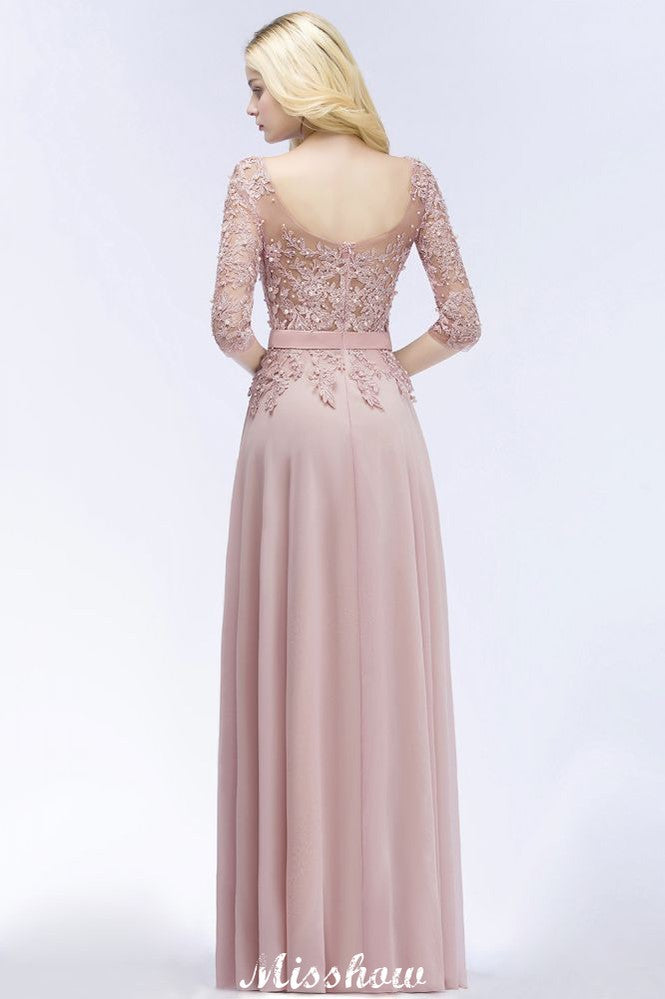 Vestido de dama de honor de corte A con apliques de gasa, manga tres cuartos y detalle de joyas, largo hasta el suelo, con fajín.