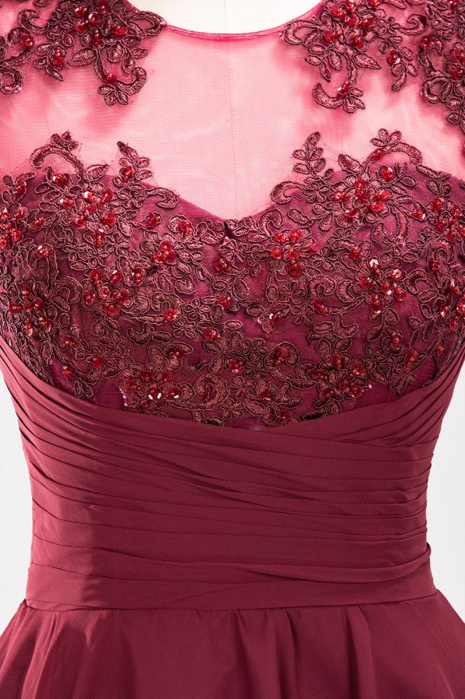 Robes de demoiselle d'honneur trapèze en mousseline ornées d'appliques et de bijoux, sans manches, arrivant au genou et à volants