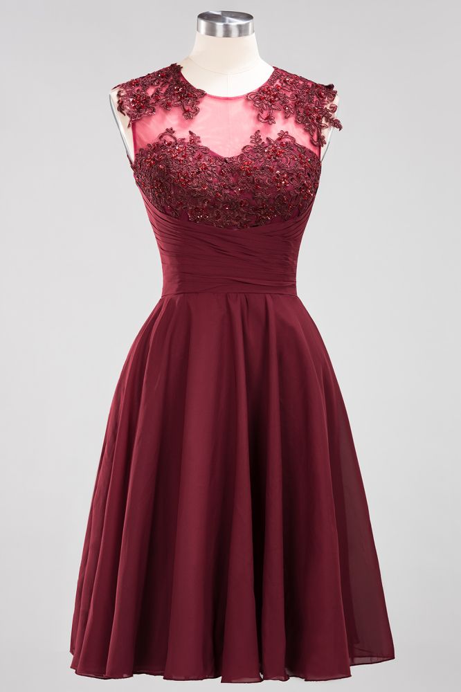 Vestidos de dama de honor de corte A, de gasa, con apliques de joyas, sin mangas y hasta la rodilla, con volantes.