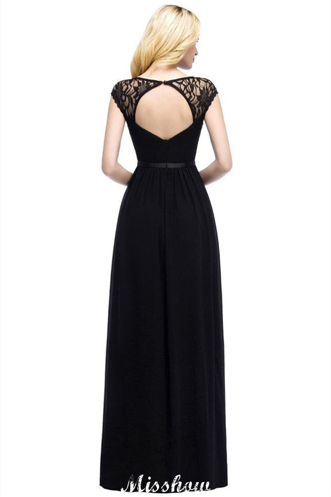 Vestido de dama de honor de gasa corte A con mangas cortas y escote redondo, ideal para bodas y fiestas.