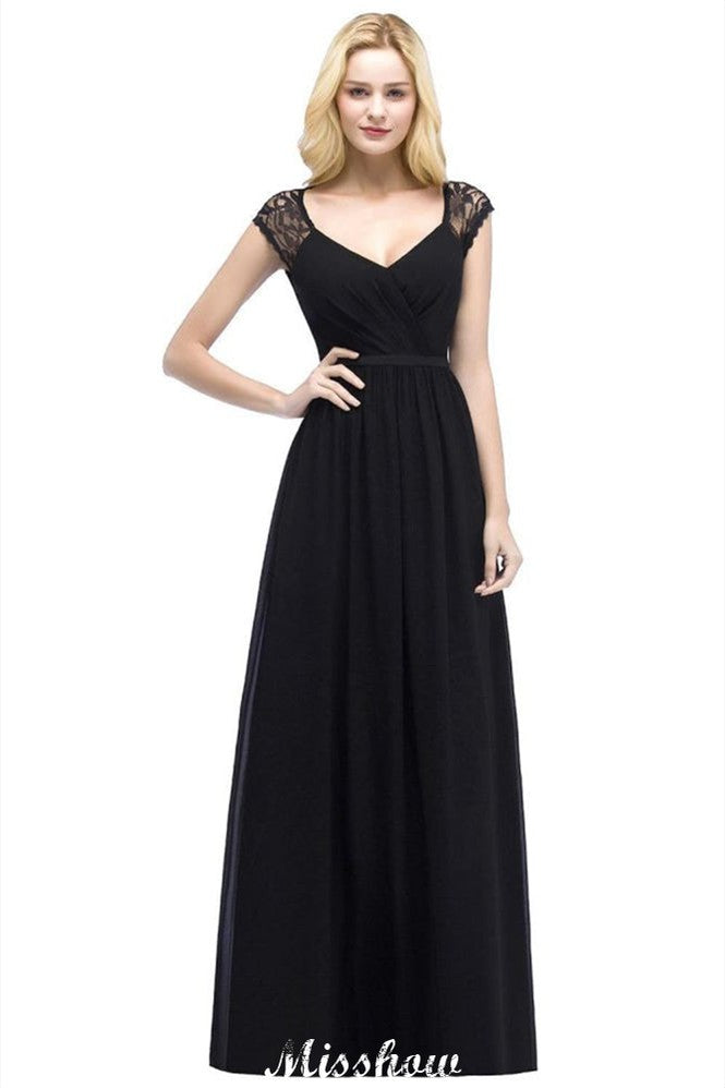 Vestido de dama de honor de gasa corte A con mangas cortas y escote redondo, ideal para bodas y fiestas.