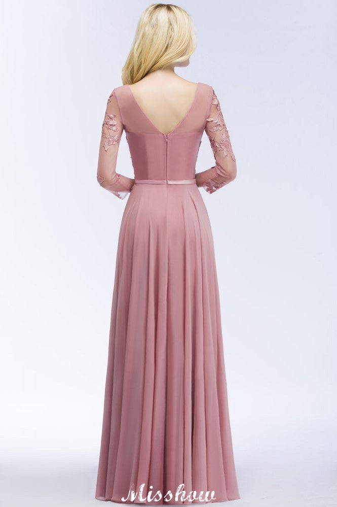 Vestido de dama de honor de corte A, largo hasta el suelo, de gasa, con apliques, escote en V y mangas largas.