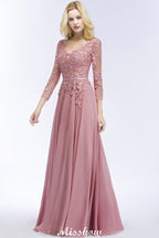 Vestido de dama de honor de corte A, largo hasta el suelo, de gasa, con apliques, escote en V y mangas largas.