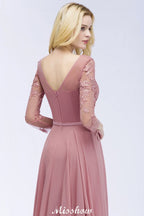 Vestido de dama de honor de corte A, largo hasta el suelo, de gasa, con apliques, escote en V y mangas largas.