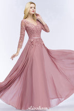 Vestido de dama de honor de corte A, largo hasta el suelo, de gasa, con apliques, escote en V y mangas largas.