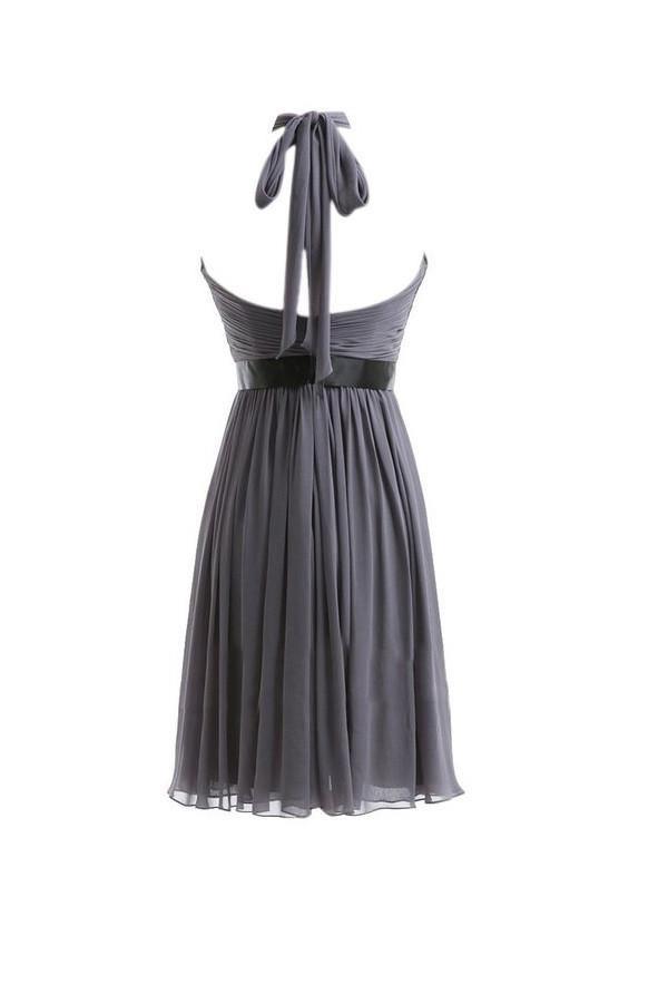 Vestidos de dama de honor de gasa corte A con cuello halter, fajín fruncido y bajo asimétrico BD016