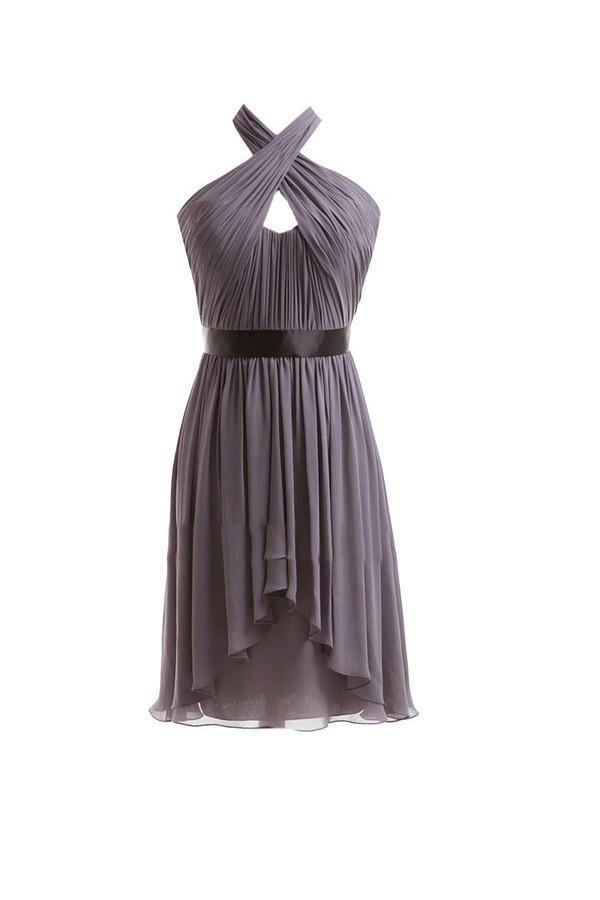 Vestidos de dama de honor de gasa corte A con cuello halter, fajín fruncido y bajo asimétrico BD016