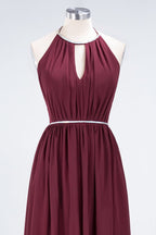 A-line Chiffon Halter Sleeveless Floor-Length Bridesmaid Dress with Beading Sash