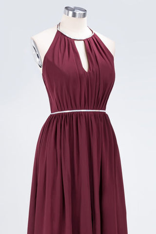 A-line Chiffon Halter Sleeveless Floor-Length Bridesmaid Dress with Beading Sash