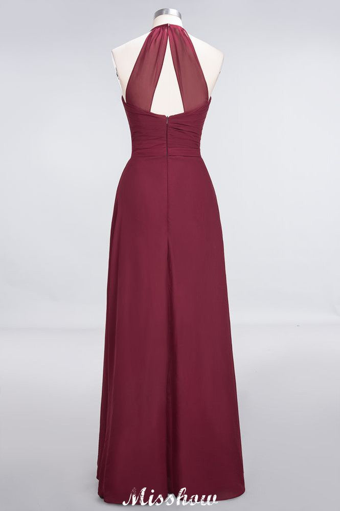 Vestido de dama de honor de gasa corte A, escote halter en V, sin mangas, largo hasta el suelo y con volantes.