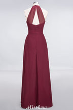 Vestido de dama de honor de gasa corte A, escote halter en V, sin mangas, largo hasta el suelo y con volantes.