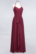Vestido de dama de honor de gasa corte A, escote halter en V, sin mangas, largo hasta el suelo y con volantes.