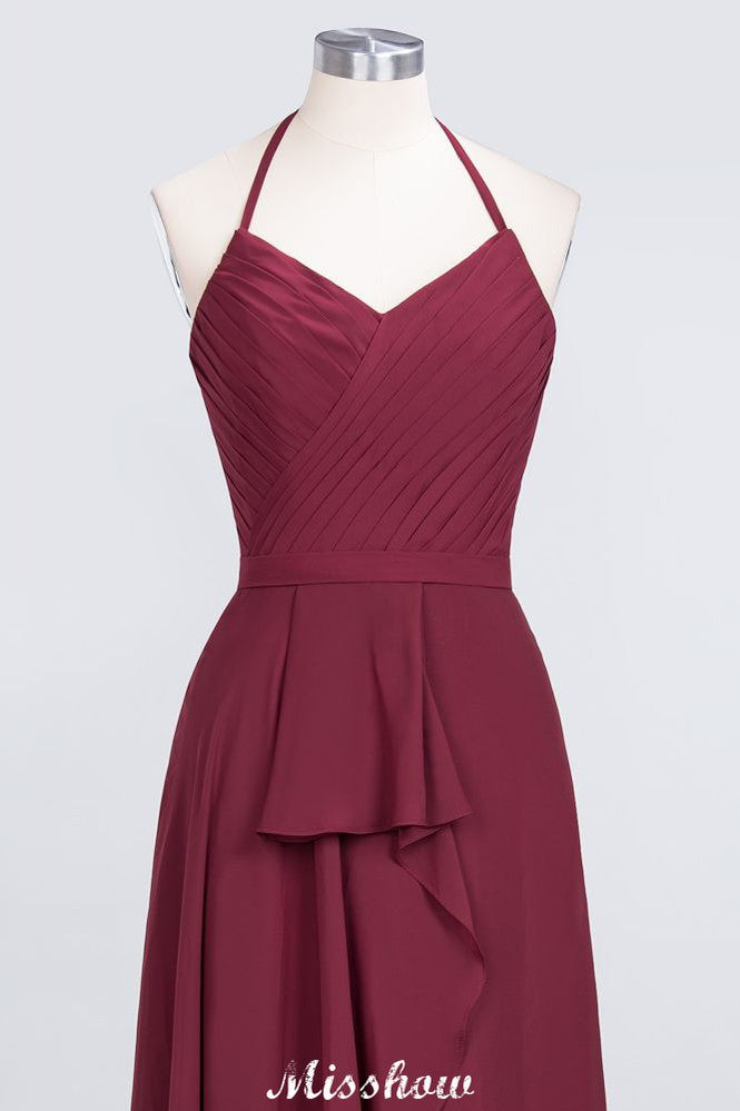 Vestido de dama de honor de gasa corte A, escote halter en V, sin mangas, largo hasta el suelo y con volantes.