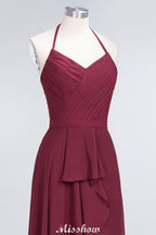 Vestido de dama de honor de gasa corte A, escote halter en V, sin mangas, largo hasta el suelo y con volantes.
