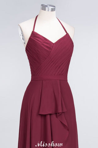 A-Line Chiffon Halter V-Neck Sleeveless Floor-Length Bridesmaid Dress with Ruffle