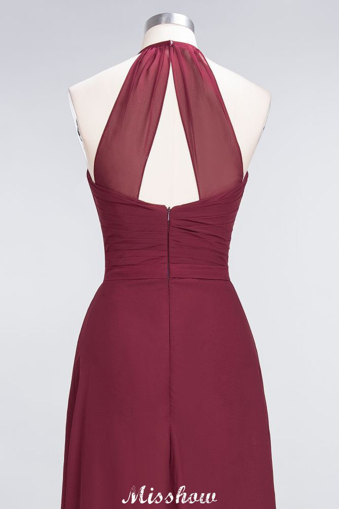 Vestido de dama de honor de gasa corte A, escote halter en V, sin mangas, largo hasta el suelo y con volantes.