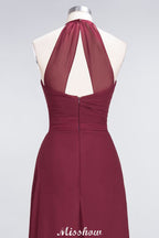 Vestido de dama de honor de gasa corte A, escote halter en V, sin mangas, largo hasta el suelo y con volantes.