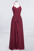 Vestido de dama de honor de gasa corte A, escote halter en V, sin mangas, largo hasta el suelo y con volantes.