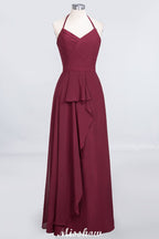 Vestido de dama de honor de gasa corte A, escote halter en V, sin mangas, largo hasta el suelo y con volantes.