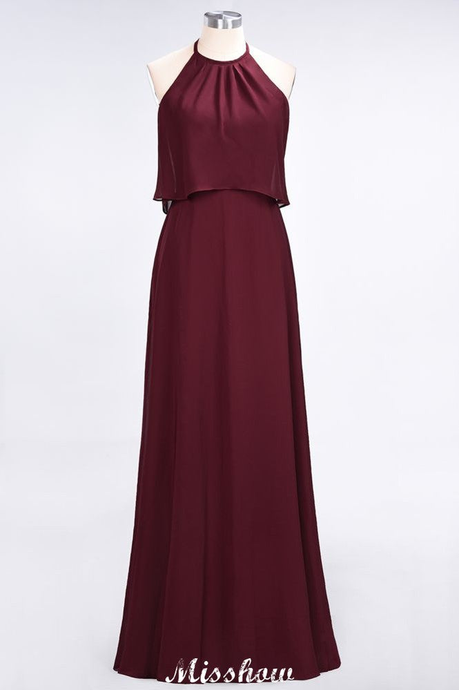 Robe de demoiselle d'honneur longue en mousseline de soie, coupe trapèze, sans manches, ornée de bijoux, idéale pour les grandes occasions.