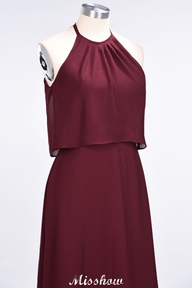 Robe de demoiselle d'honneur longue en mousseline de soie, coupe trapèze, sans manches, ornée de bijoux, idéale pour les grandes occasions.