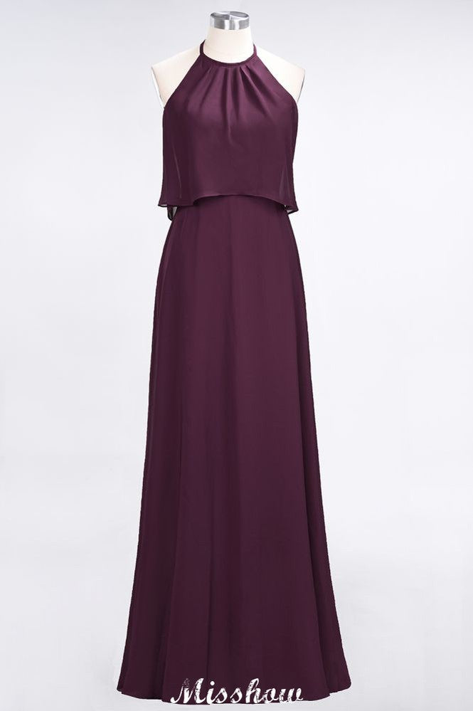 Robe de demoiselle d'honneur longue en mousseline de soie, coupe trapèze, sans manches, ornée de bijoux, idéale pour les grandes occasions.