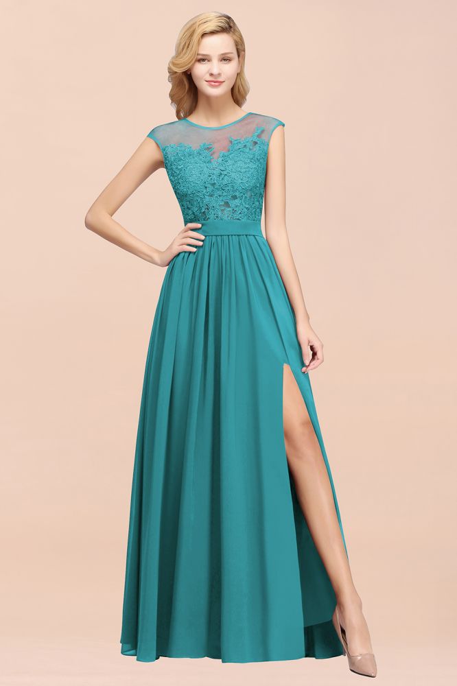 Vestidos de dama de honor de corte A, de gasa, encaje, joyas, sin mangas y hasta el suelo, con apliques.