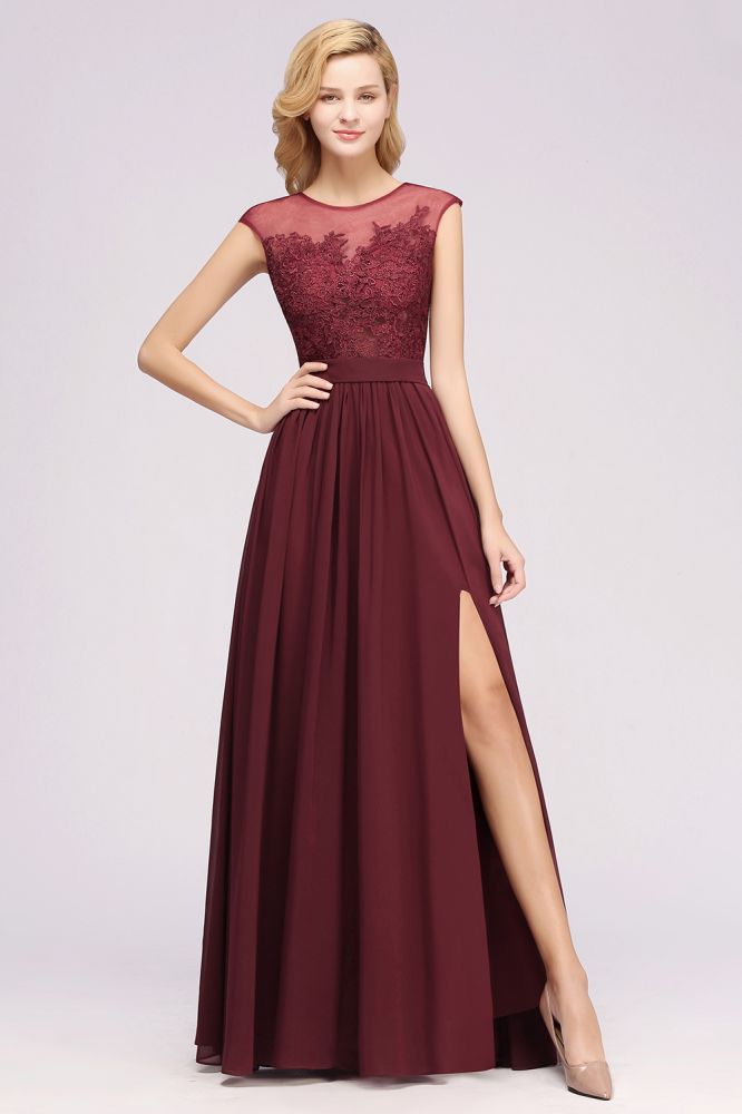 Vestidos de dama de honor de corte A, de gasa, encaje, joyas, sin mangas y hasta el suelo, con apliques.