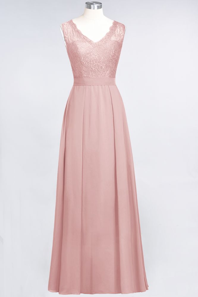 Vestidos de dama de honor de corte A, de gasa, encaje, escote en V, sin mangas y hasta el suelo, con volantes.