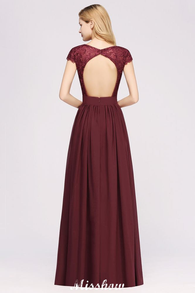 Robe de demoiselle d'honneur trapèze en mousseline de soie et dentelle, col en V, sans manches, longueur au sol, avec volants