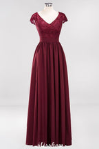 Robe de demoiselle d'honneur trapèze en mousseline de soie et dentelle, col en V, sans manches, longueur au sol, avec volants