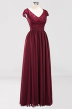 Robe de demoiselle d'honneur trapèze en mousseline de soie et dentelle, col en V, sans manches, longueur au sol, avec volants