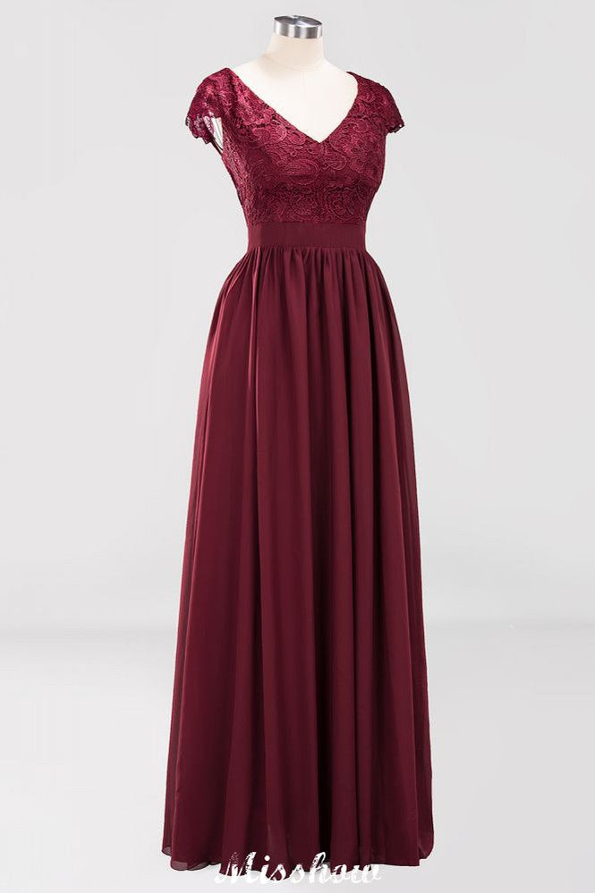 Robe de demoiselle d'honneur trapèze en mousseline de soie et dentelle, col en V, sans manches, longueur au sol, avec volants