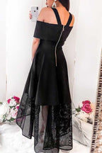 Vestido de fiesta negro de corte A con hombros descubiertos y bajo asimétrico con encaje PD054