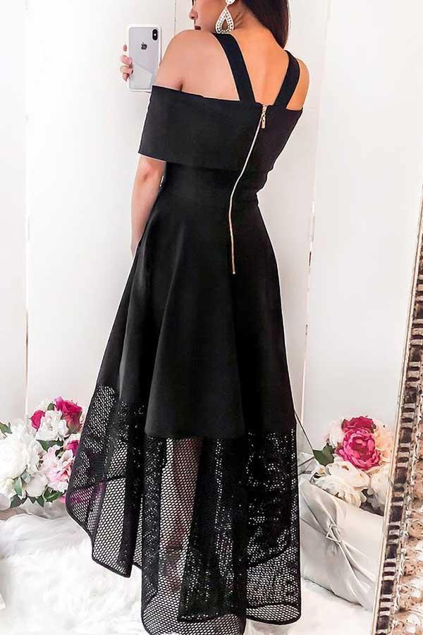 Vestido de fiesta negro de corte A con hombros descubiertos y bajo asimétrico con encaje PD054