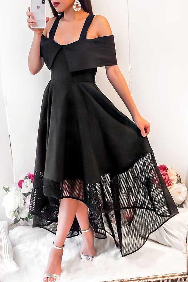 Vestido de fiesta negro de corte A con hombros descubiertos y bajo asimétrico con encaje PD054