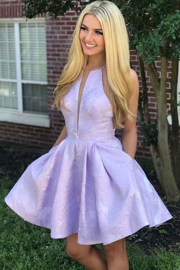 Vestido de fiesta de bienvenida de satén lila, corte en A, cuello redondo, por encima de la rodilla, con bolsillos PD271