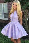 Vestido de fiesta de bienvenida de satén lila, corte en A, cuello redondo, por encima de la rodilla, con bolsillos PD271