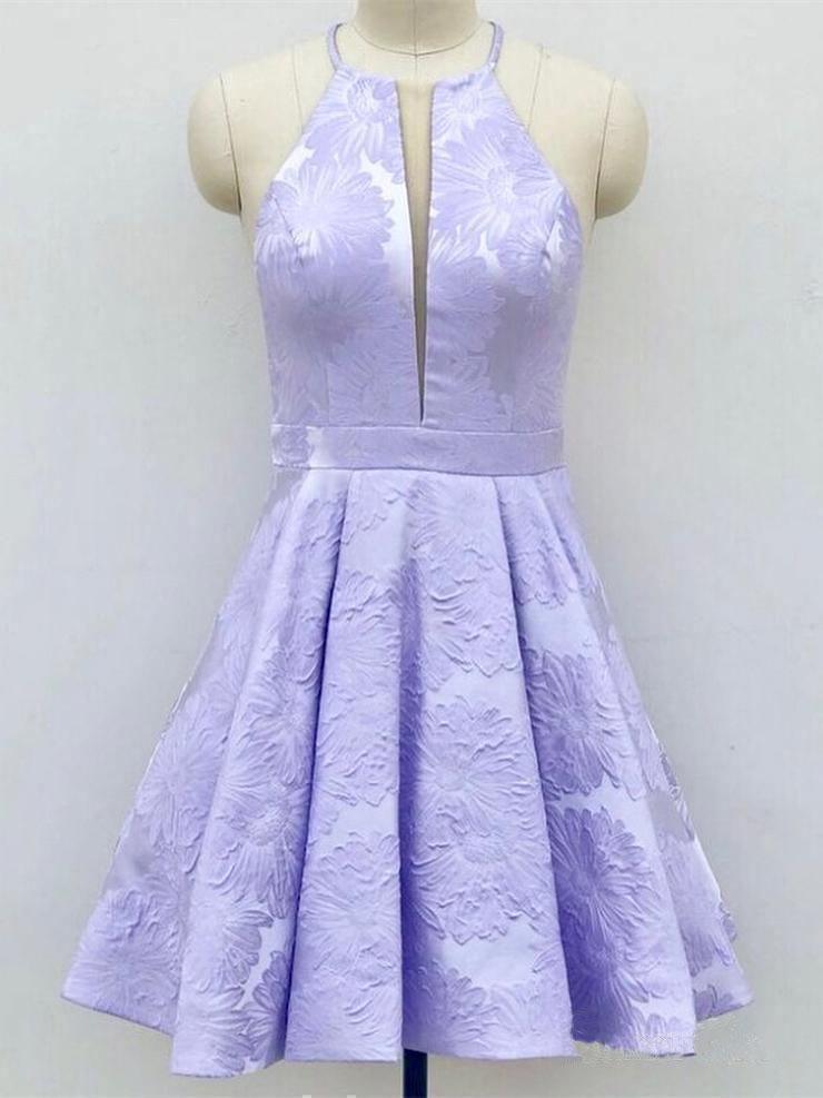 Vestido de fiesta de bienvenida de satén lila, corte en A, cuello redondo, por encima de la rodilla, con bolsillos PD271