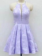 Vestido de fiesta de bienvenida de satén lila, corte en A, cuello redondo, por encima de la rodilla, con bolsillos PD271