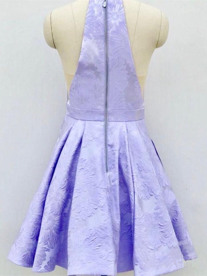 Vestido de fiesta de bienvenida de satén lila, corte en A, cuello redondo, por encima de la rodilla, con bolsillos PD271