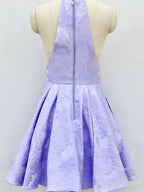 Vestido de fiesta de bienvenida de satén lila, corte en A, cuello redondo, por encima de la rodilla, con bolsillos PD271