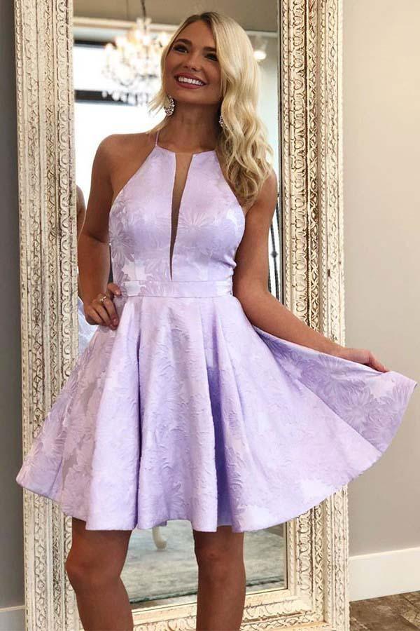 Vestido de fiesta de bienvenida de satén lila, corte en A, cuello redondo, por encima de la rodilla, con bolsillos PD271