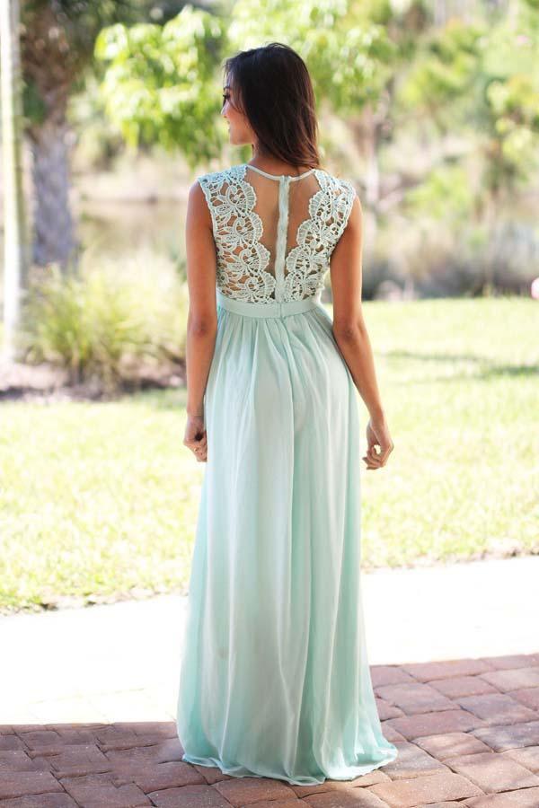 Vestido de dama de honor de gasa color menta, corte en A, largo hasta el suelo, con encaje BD039 